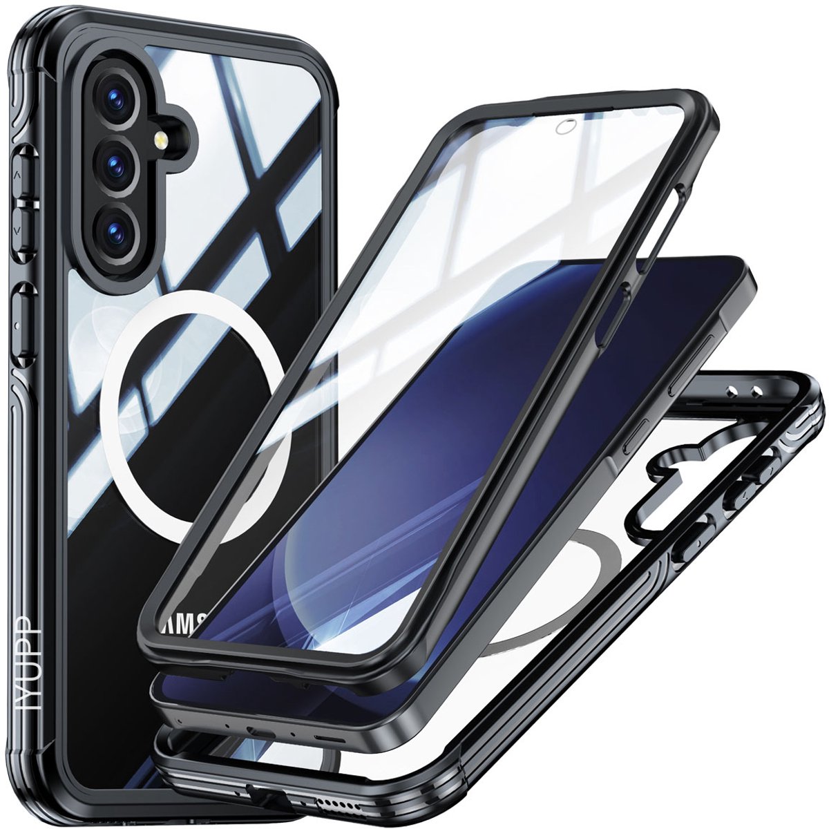 IYUPP Hoesje Geschikt voor Samsung Galaxy A36 / A56 Hoesje - Shockproof - Geschikt voor MagSafe - Voor en Achterkant - Zwart Transparant