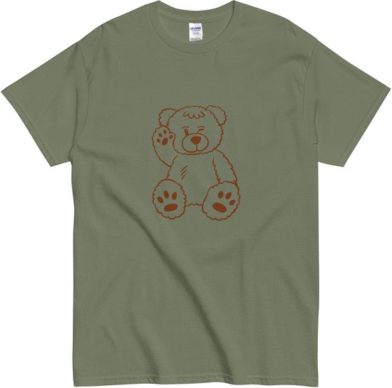 Grappig Tshirt met Zwaaiende Beer Lijntekening - Dames en Heren T Shirt - Khaki Groen - XL