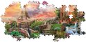 Onvolledige puzzel met panorama van Parijs bij zonsondergang, Eiffeltoren, huisje, watervallen en pauw.