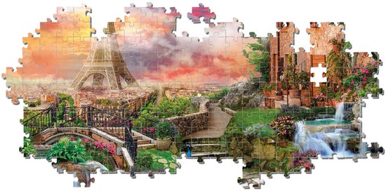 Onvolledige puzzel met panorama van Parijs bij zonsondergang, Eiffeltoren, huisje, watervallen en pauw.