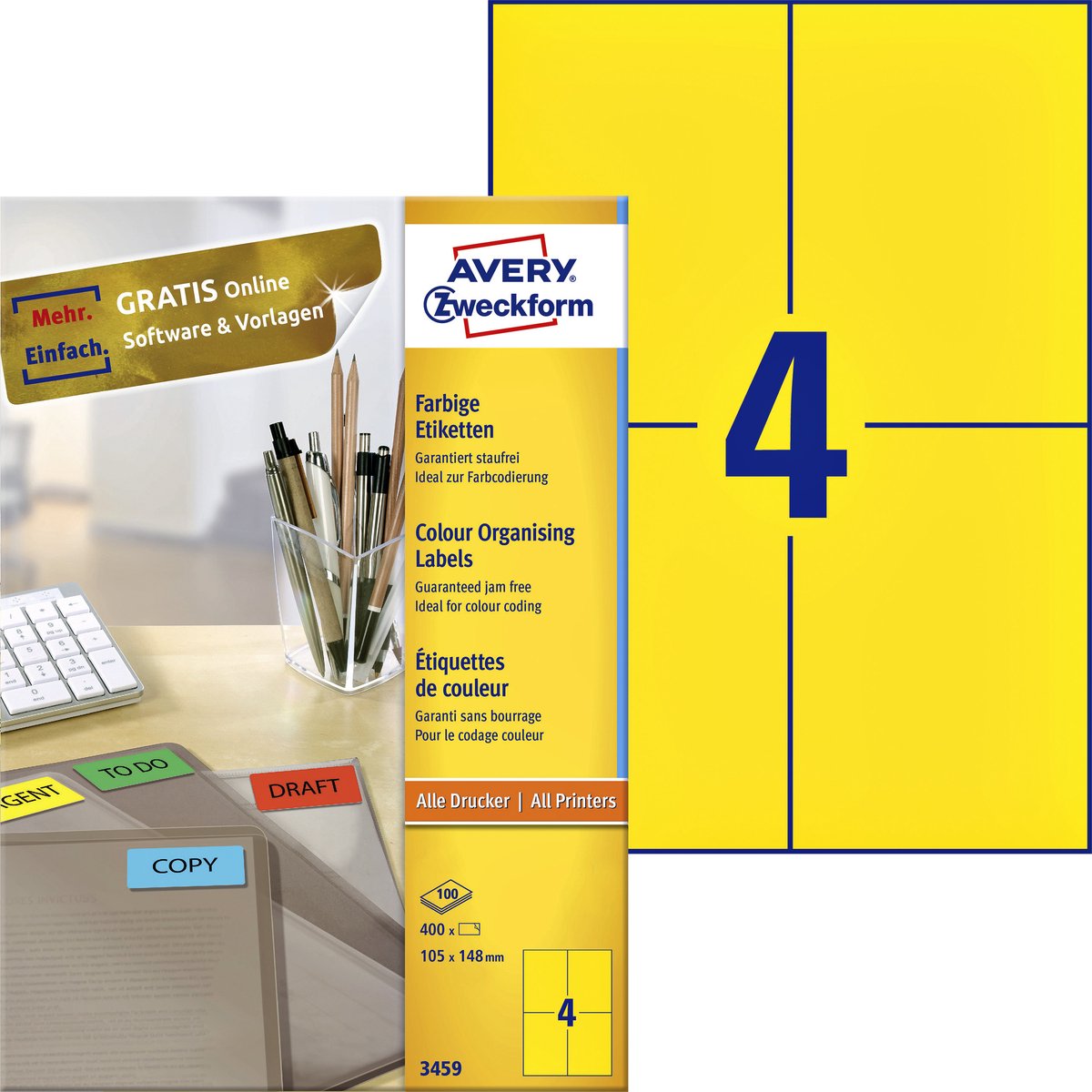 Avery Gekleurde Etiketten, geel, 105,0 x 148,0 mm, permanent klevend