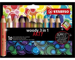 STABILO woody 3 in 1 - Multi Talent Kleurpotloden - ARTY - Etui Met 10 Kleuren & Puntenslijper