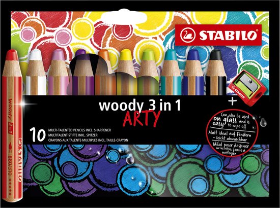 STABILO woody 3 in 1 Arty verpakking met 10 veelzijdige potloden, waaronder rood, wit, paars, oranje, geel, groen, cyaan, blauw, zwart, en een puntenslijper.