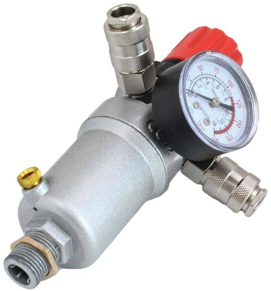 Luchtdrukregelaar met filter, waterafscheider, manometer en rode stelschroef.