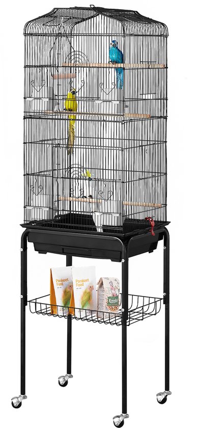Grande cage à oiseaux, 157 cm, ouverture sur le dessus avec support roulant, spacieuse pour perroquets et perruches