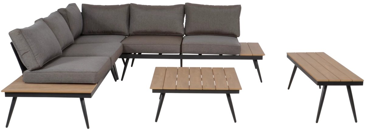 Loungehoekset in aluminium en polywood teaklook, grijs/taupe - 164x76x67,5 cm.