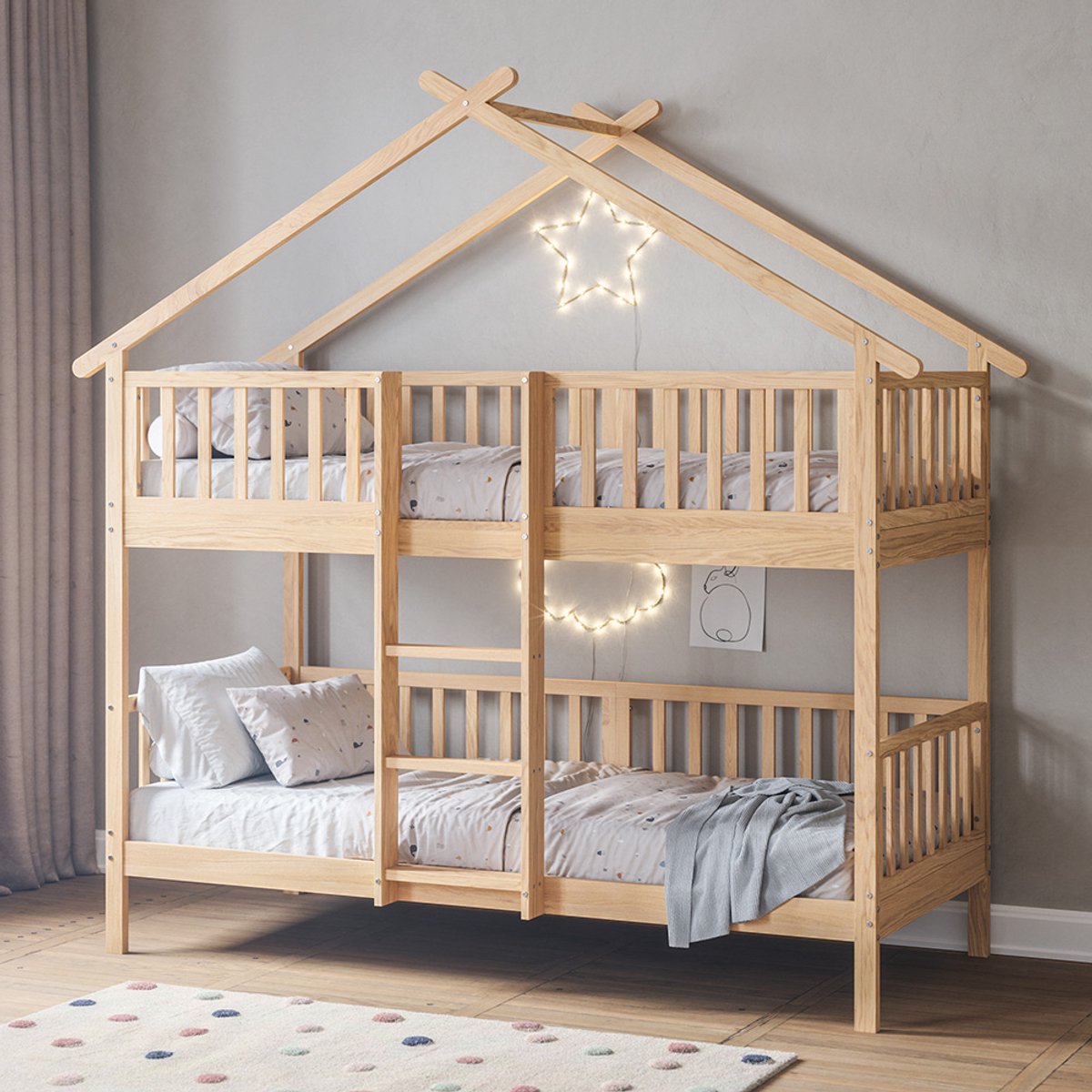 Petite Amélie Stapelbed huisje «Maison» – 200x90 cm – Naturel – massief grenenhout – robuuste constructie
