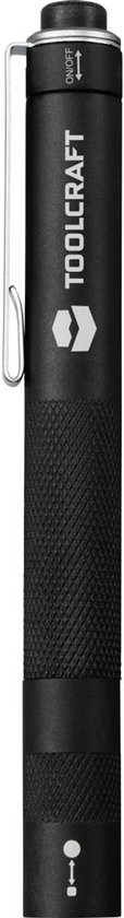 Lampe stylo noire avec clip, manche texturé et logo 'TOOLCRAFT', sur fond blanc.