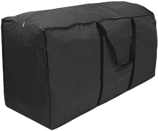 Zwarte, rechthoekige opbergtas met handvatten en een ritssluiting aan de zijkant.