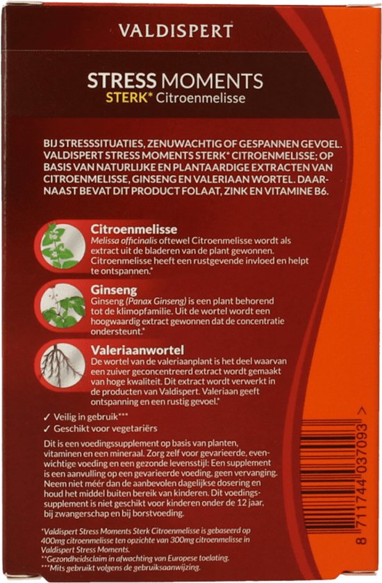 Zijkant van oranje verpakking met uitleg over citroenmelisse, ginseng en valeriaanwortel.