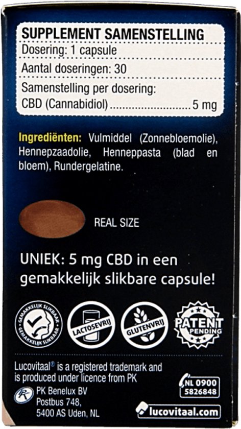 Achterkant verpakking met supplement samenstelling, ingrediënten en unieke eigenschappen. 5 mg CBD in makkelijk slikkbare capsule.