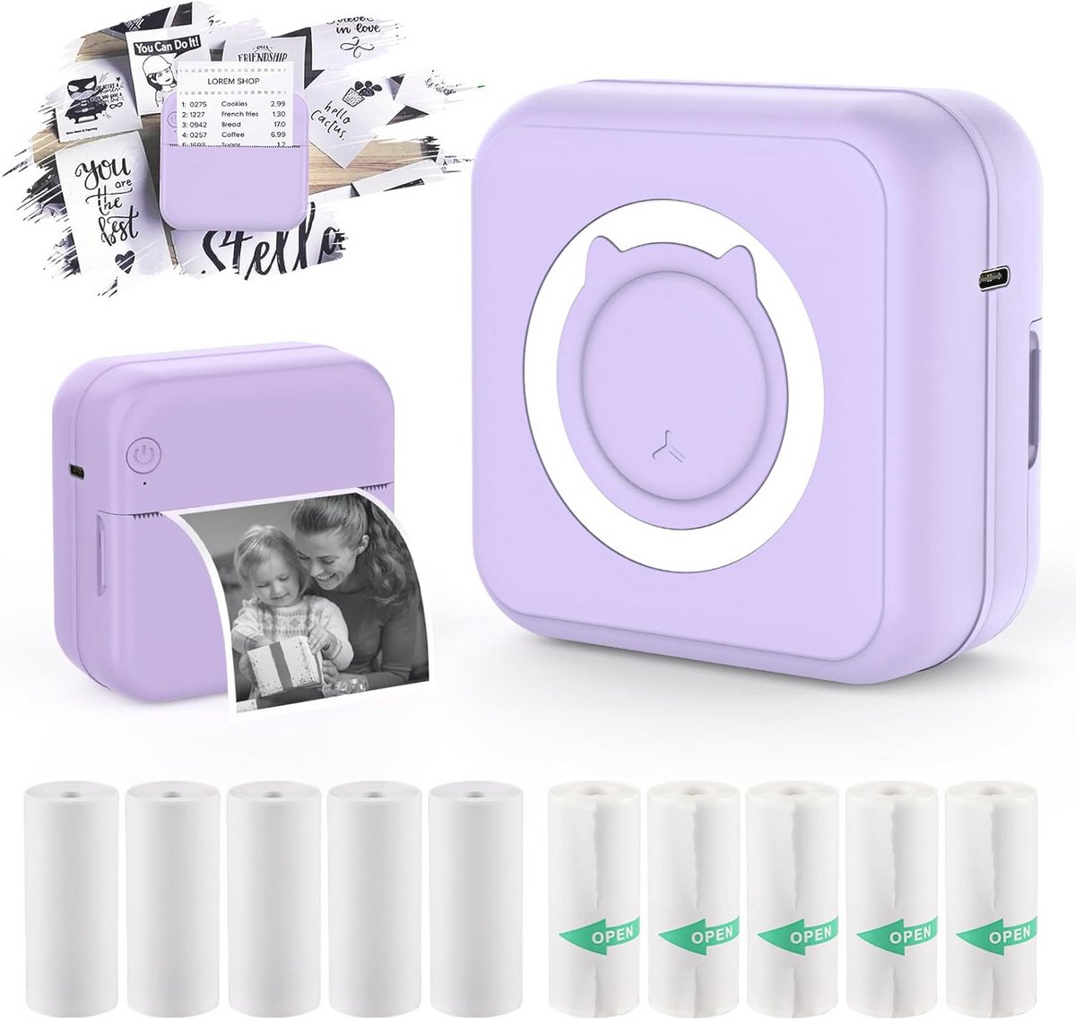 Draagbare Thermische Fotoprinter - Inktloze Mini Printer met 10 Rollen Printpapier voor Android en iOS - Bluetooth Printer voor Labels en Creaties