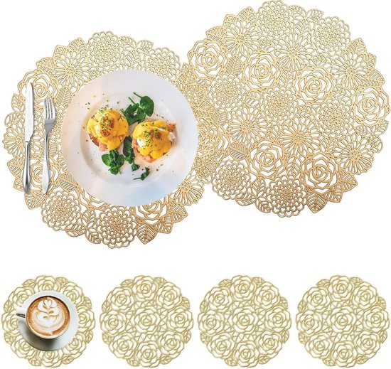 2 STUKS Ronde Placemats, Warmte-isolatie Placemat, Ronde Tarwe Oren Holle PVC Placemat, voor Isolatie van Dinerborden, Tafeldecoraties (Gouden