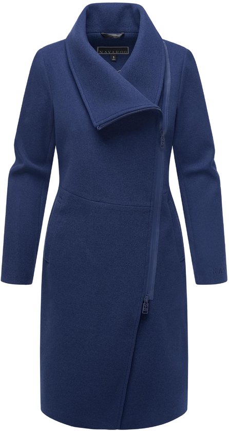 Manteau bleu foncé pour femme avec fermeture éclair asymétrique et col montant.