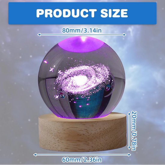 3D-kristallen bol-nachtlampje, zonnestelsel glazen bol met USB-voeding, kristallen bal met led-houten sokkel voor Kerstmis, Thanksgiving, Valentijnsdag, verjaardag, woondecoratie (zonnesysteem