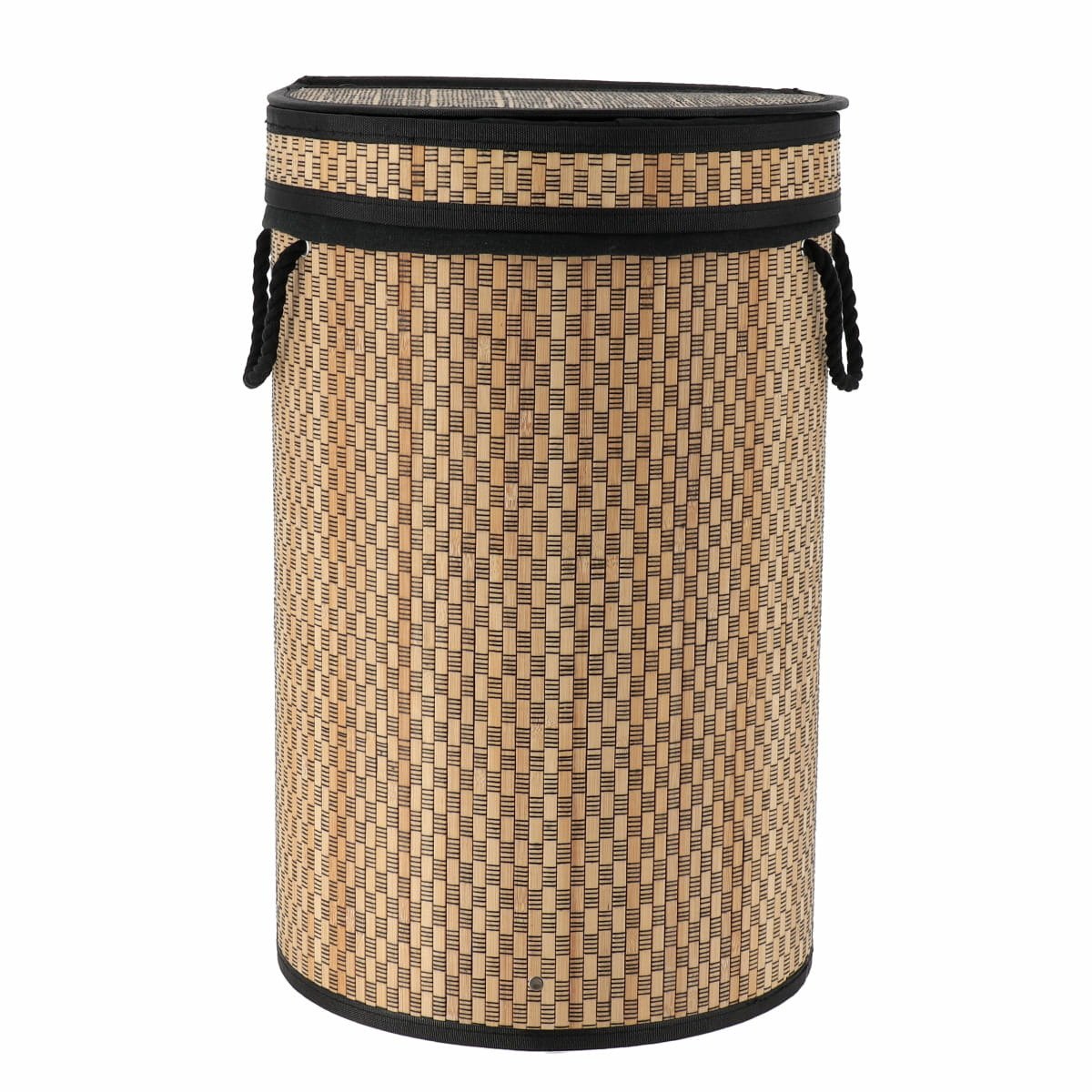 Tendance Wasmand met deksel bamboe - naturel/zwart - rond - katoen/bamboe - 67 liter - 35 x 35 x 55 cm