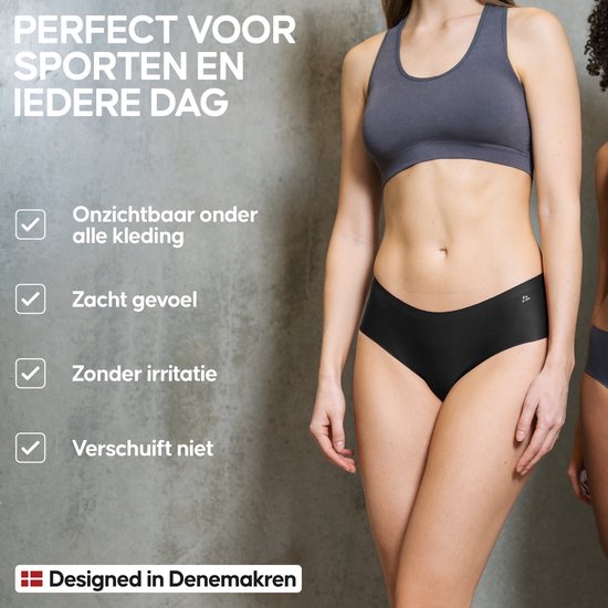 Femme portant un soutien-gorge de sport gris et une culotte hipster noire sans couture. Le texte indique 'Parfait pour le sport et le quotidien'.
