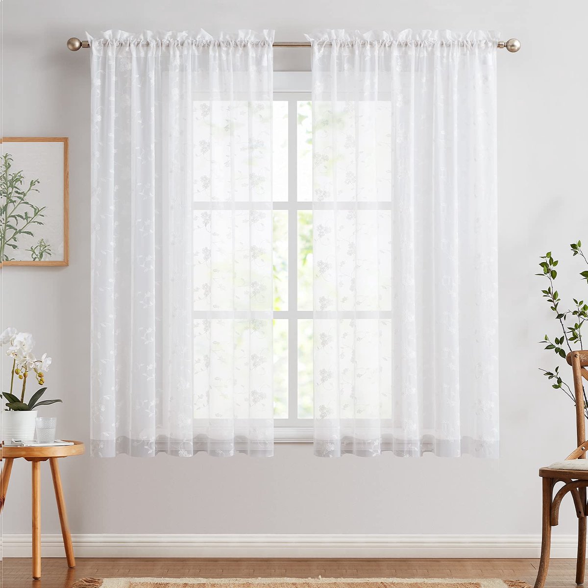 Unyqoos Elegante Witte Vitrage Gordijnen met Bloemendesign voor Woonkamer en Slaapkamer, Set van 2, 145 x 140 cm