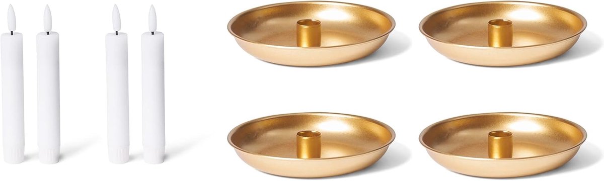 Novaliv Kandelaar kaarsen set van 4 goud 15 cm met LED kaarsen vlamloze echte waskaarsen premium Adventskrans kaarsenbord kaarsenhouder kerstdecoratie schaal tafeldecoratie moderne woonkamer