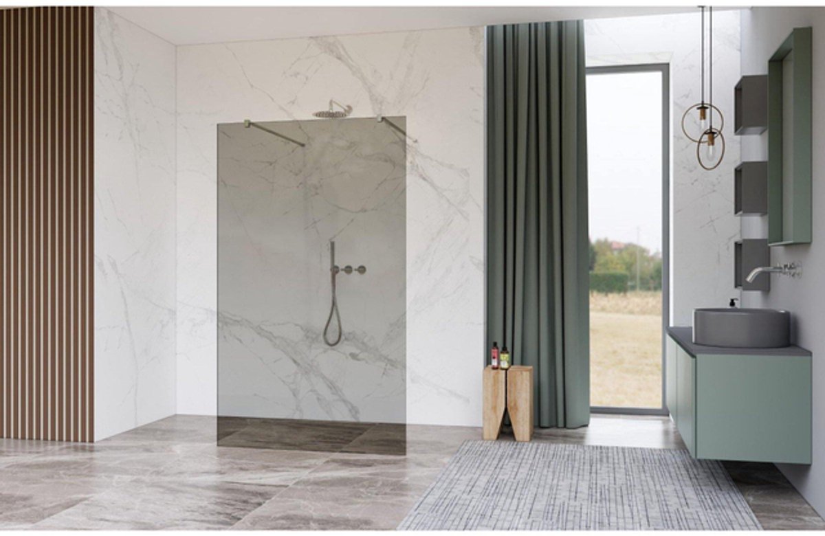 FugaFlow Eccelente Vetro Vrijstaande inloopdouche badkamer - 120x200cm - Rookglas - antikalk - 8mm veiligheidsglas - met wandarmen - RVS geborsteld -