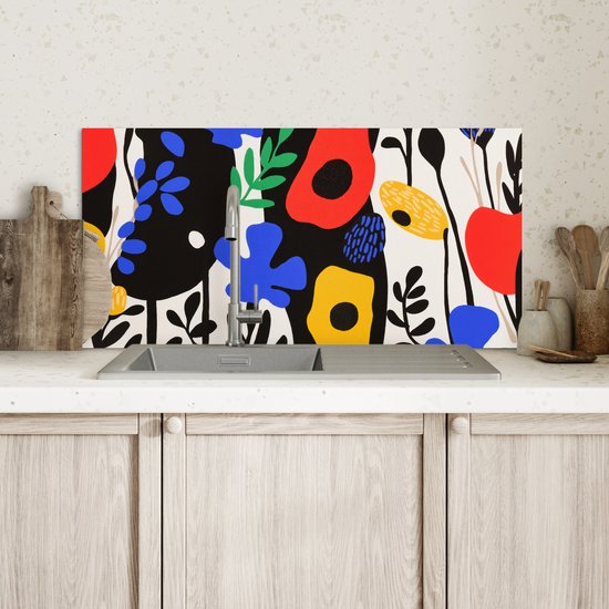 Spatscherm keuken 70x30 cm - Kookplaat achterwand Bloemen - Bladeren - Abstract - Zwart - Muurbeschermer - Spatwand fornuis - Hoogwaardig aluminium