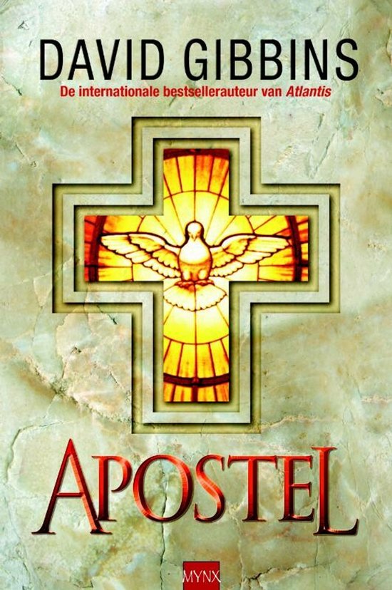 Boekomslag van Apostel met een kruis van glas-in-lood en tekst.