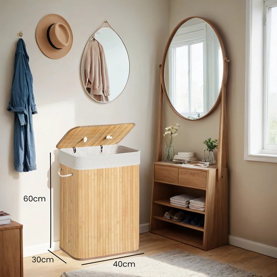 HOMCOM 100 L Bamboe Wasmand, met Deksel, Uitneembare Inzet, Opvouwbaar, Waterafstotend, Grijs