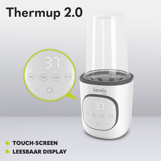 Witte "Thermup 2.0" flesverwarmer. Touchscreen met leesbaar display voor functies zoals Fast, Milk, Food, Sterilize.