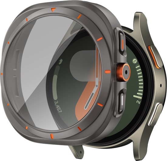 Bandz 'Square' hoesje met screenprotector geschikt voor Samsung Galaxy Watch 7 - 44mm - hard plastic beschermhoes - glazen screen protector - Full cover case + screenprotector (titanium grijs)
