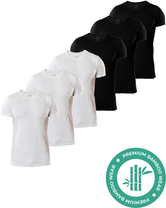 Un ensemble de trois t-shirts noirs et trois t-shirts blancs en bambou à col rond, empilés.