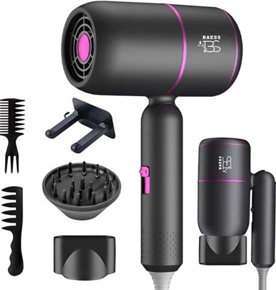 BAESS Föhn met diffuser – Inklapbare Reisföhn – Ionische Haardroger – 2000W – Coolshot – Krullen – Haarföhn – Hair Dryer – Grijs