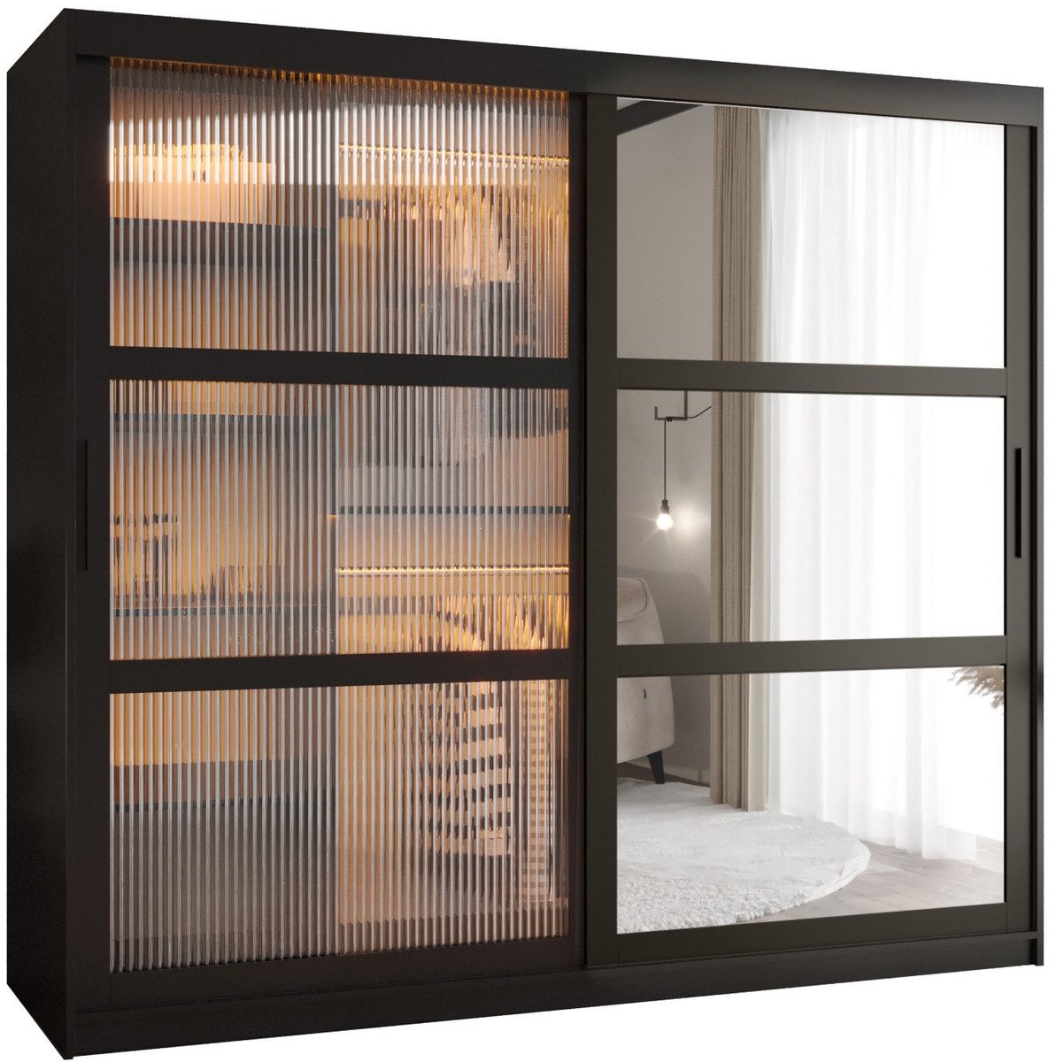 AJE Meubles B.V. Zweefdeurkast Kledingkast met 2 schuifdeuren glanzen slaapkamerkast Kledingstang met planken Garderobekast met geribbeld glas - ARTON 2 (200 cm, Zwart)