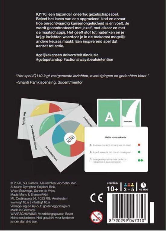 Achterkant van het spel IQ 110 met spelbeschrijving, spelonderdelen en leeftijdsindicatie.