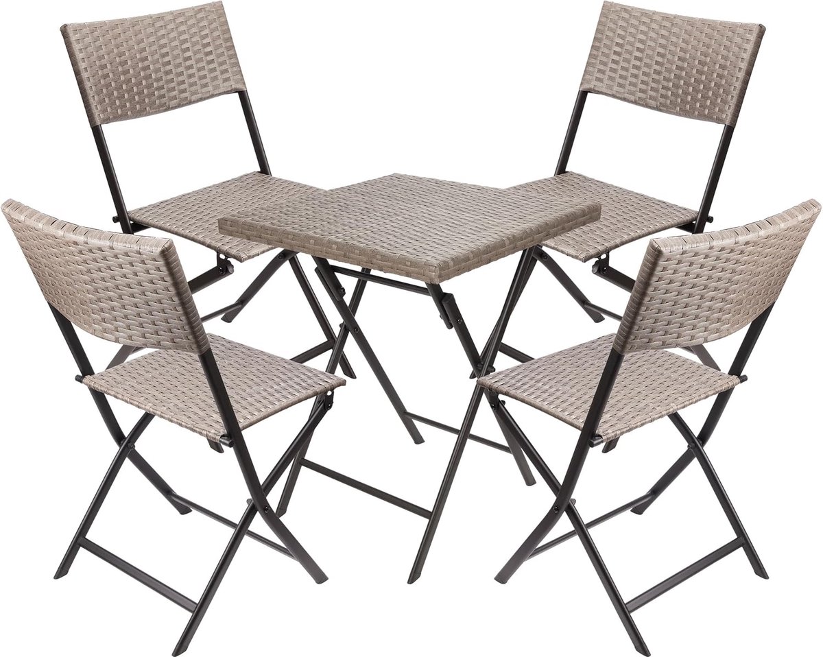 BRUBAKER Balkonset Toscane met tafel en 4 stoelen, weerbestendig, inklapbaar en ruimtebesparend, polyrotan balkonmeubelset, zitgroep voor balkon, terras en tuin, bistroset, klapstoelen, grijs/bruin