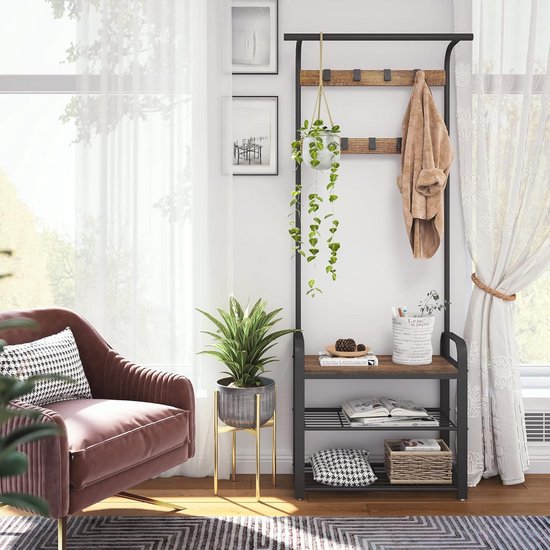 Kapstok standaard met schoenenrek en verwijderbare 16 haken vrijstaande hal boom mat stalen frame hoedenrek kapstok voor opslag (kleur: zwart, maat: 65 x 30 x 190 cm