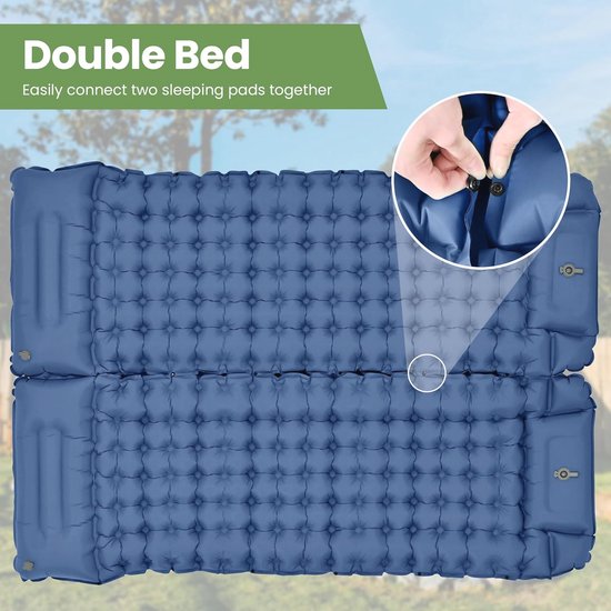 Outplea Dubbele campingmat met kussen, 10 cm dik, zelfopblaasbaar slaapkussen met ingebouwde voetpomp, campingmatras voor 2 personen om te wandelen, reizen, backpacken, blauw