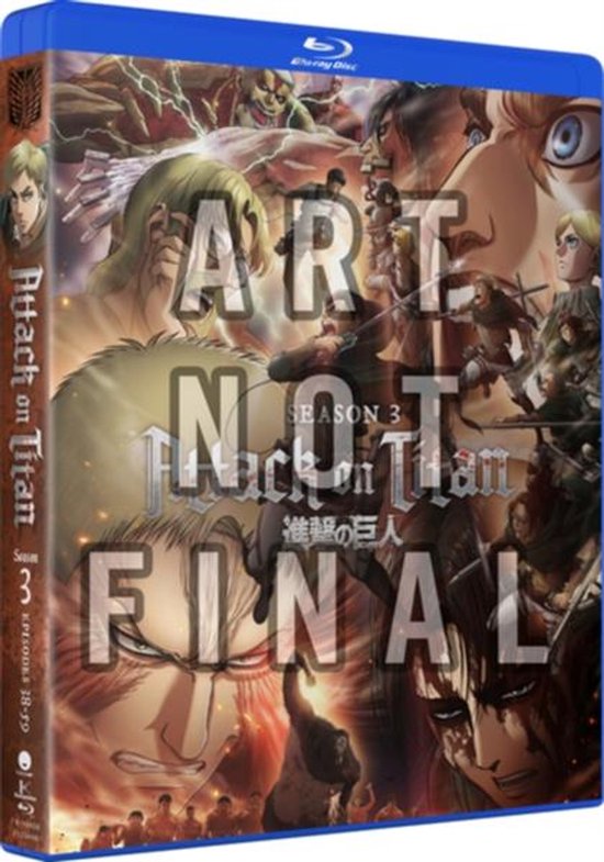 Zijkant en voorkant van de Blu-ray-hoes voor Attack on Titan Seizoen 3, met personages en de tekst 'ART NOT FINAL'.