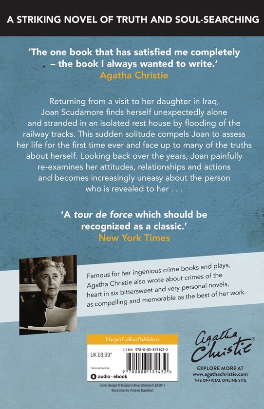 Boek "A striking novel of truth and soul-searching" met een portret van Agatha Christie.