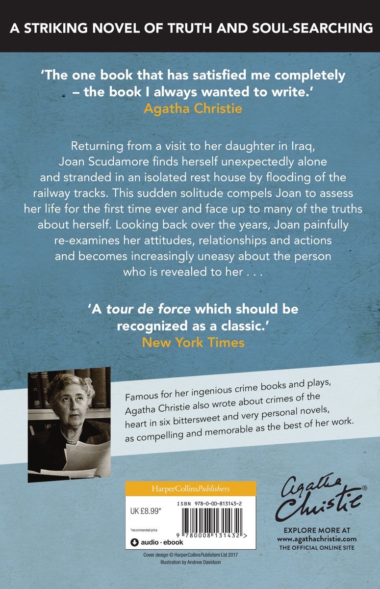 Boek "A striking novel of truth and soul-searching" met een portret van Agatha Christie.