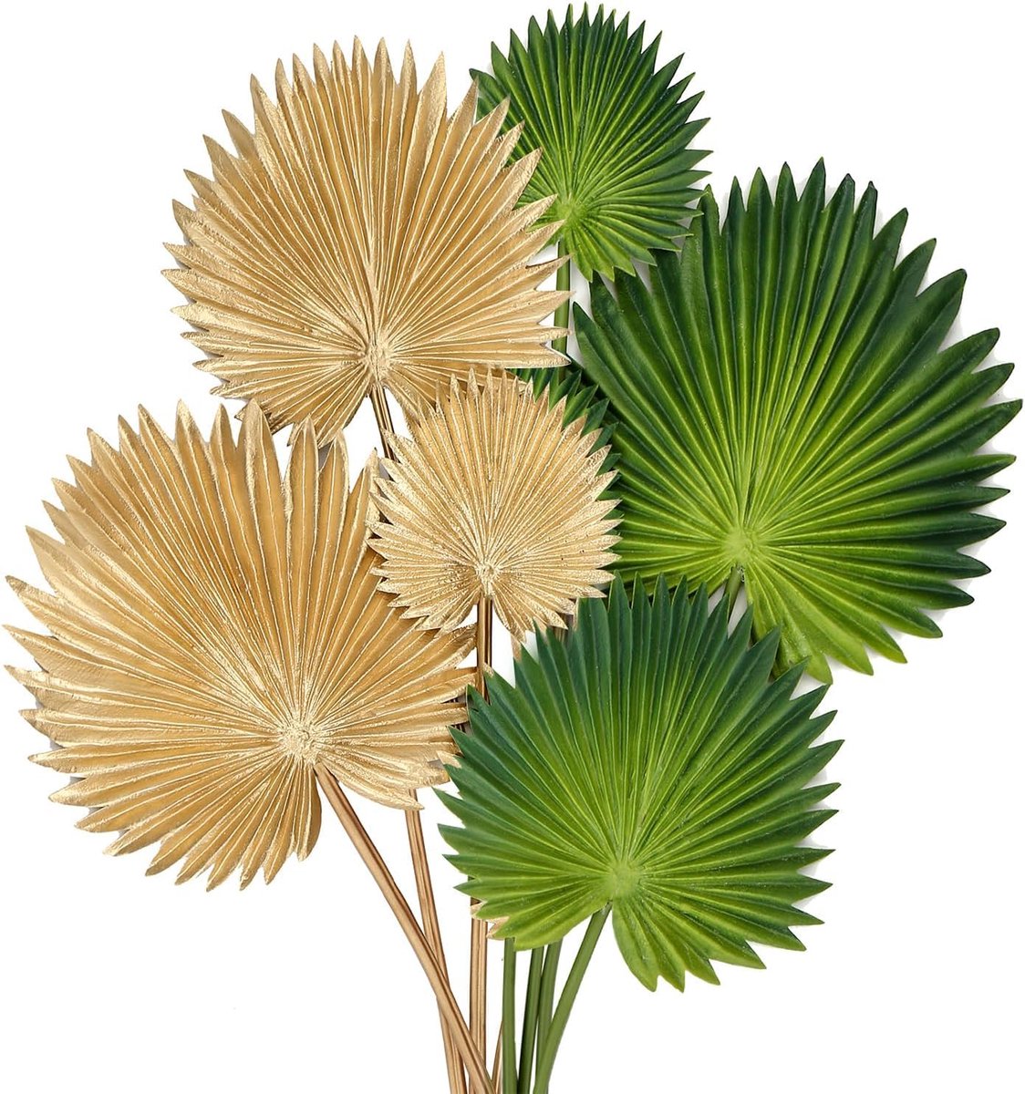 Ibenzoa Exotische Tropische Kunstpalmbladeren Set voor Huis, Tuin- en Feestdecoratie - 6 Stuks, Flexibele Stelen groen en goud