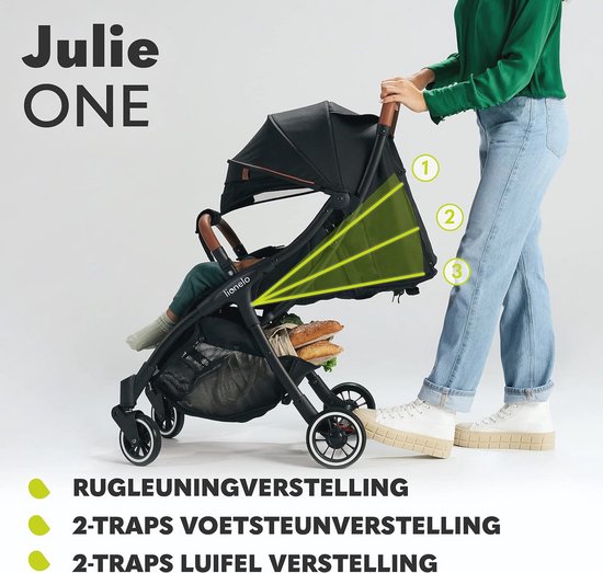 Julie One Wandelwagen voor kinderen van 0 tot 4 jaar/22kg Licht en opvouwbaar, Rugleuningverstelling van zit- naar ligpositie en voetsteun, Voetenzak, Klamboe, Tas, Wielen met schokdempers van LIONELO — afbeelding 4