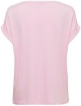 Zachtroze t-shirt met omgerolde korte mouwen en een ronde hals.