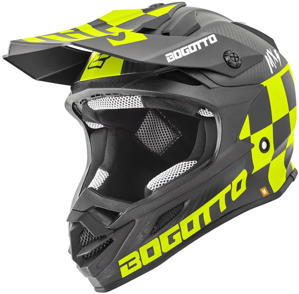 Bogotto V328 Xadrez Carbon Zwart Geel Crosshelm - Maat M - Helm