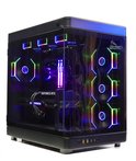 Zwarte computerkast met glazen zijpaneel en RGB-verlichting. De kast toont interne componenten, ventilatoren en een 'GeForce RTX' grafische kaart.