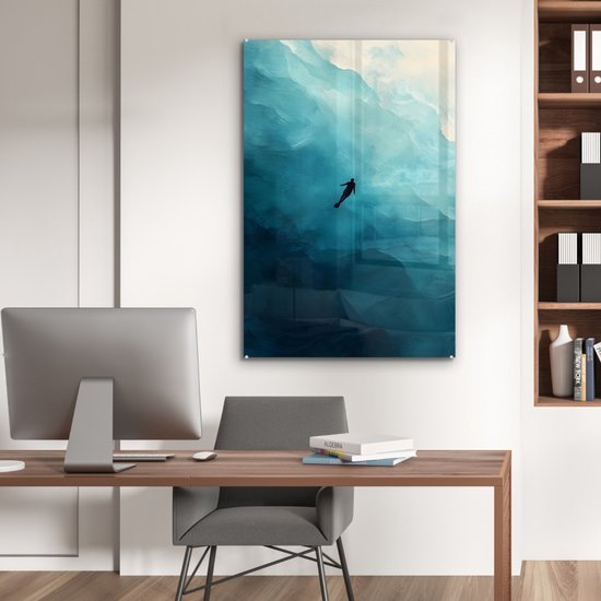 MuchoWow® Glasschilderij 80x120 cm - Schilderij acrylglas - Zee - Silhouet - Abstract - Blauw - Foto op glas - Muurdecoratie woonkamer - Wanddecoratie slaapkamer - Schilderijen