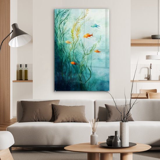 MuchoWow® Glasschilderij 60x90 cm - Schilderij acrylglas - Waterplanten - Vissen - Kleurrijk - Water - Foto op glas - Muurdecoratie woonkamer - Wanddecoratie slaapkamer - Schilderijen