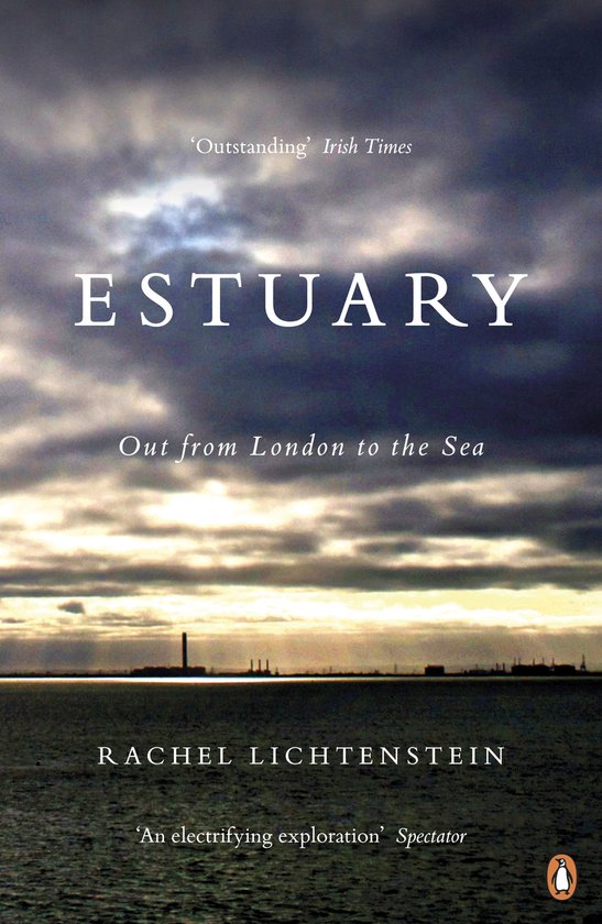 Boek met de titel 'Estuary' erop. De omslag toont een donkere lucht boven zee met een industriële skyline in de verte.