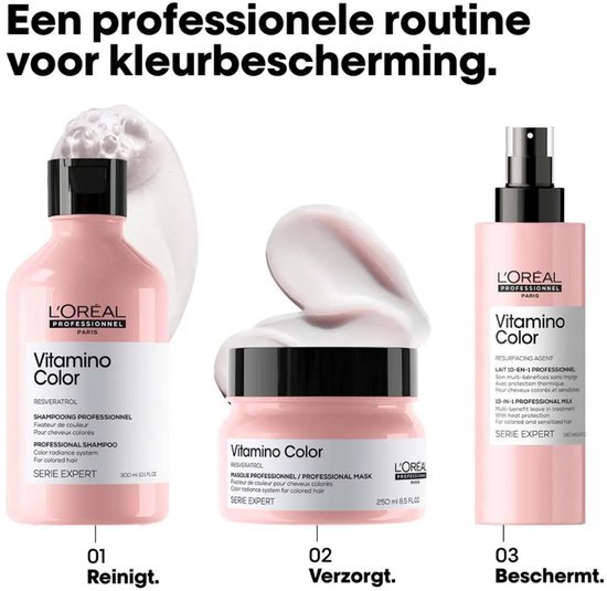 Drie L'Oréal Professionnel producten: shampoo, masker en leave-in spray, alles in roze verpakkingen.