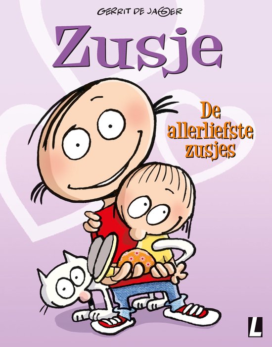 Gerrit de Jager - Zusje, de allerliefste zusjes. Twee lachende kinderen omhelzen elkaar, met een kat op de voorgrond.