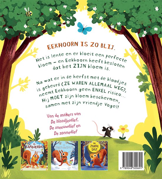 Boekomslag met een eekhoorn, muis, vogel en bloemen in een bos. Tekst 'Eekhoorn is zo blij.'.